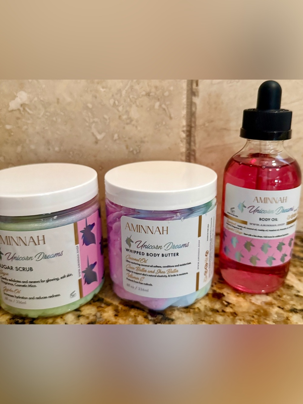 Aminnah Unicorn Dreams Whipped Body Butter sugar scrub body oil gift set